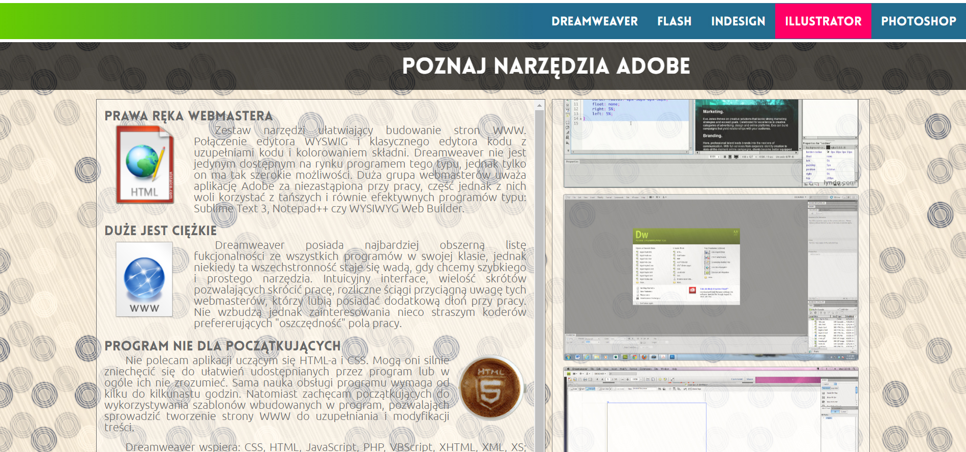 Widok podstron głównych